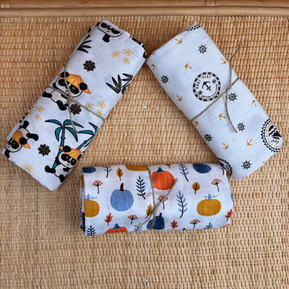 3lü Set - Müslin Örtü - Sarı Gemi / Mavi Balkabağı / Tropikal Panda