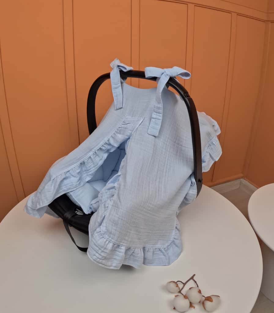 Fırfırlı Puset Örtüsü ve Minderi - 2 Katlı Organik Muslin Bebe Mavi