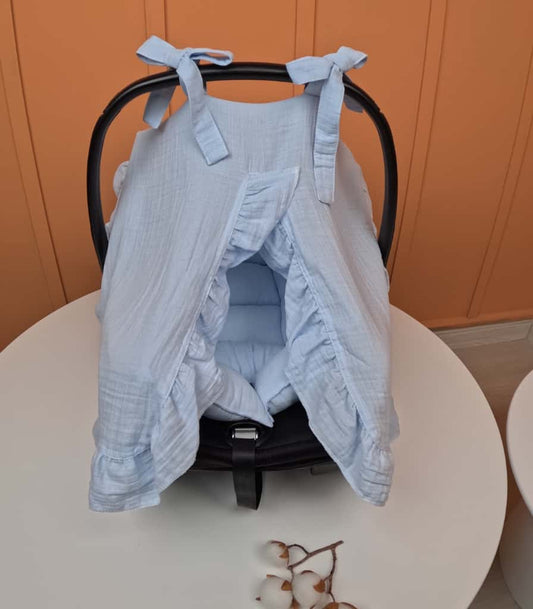 Fırfırlı Puset Örtüsü ve Minderi - 2 Katlı Organik Muslin Bebe Mavi