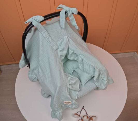 3'lü fırfırlı Puset Seti - 2 Katlı Organik Muslin Mint