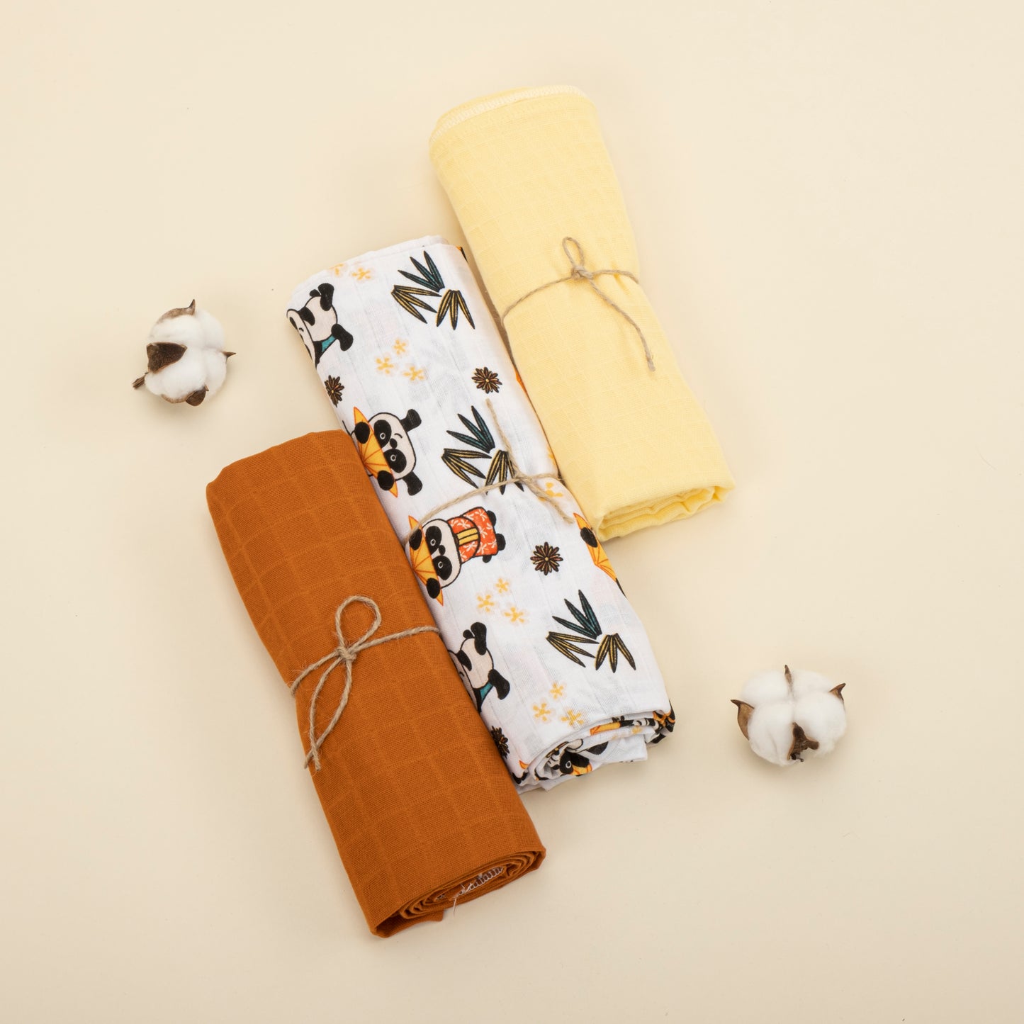 3lü Set - Müslin Örtü - Kiremit / Panda / Sarı