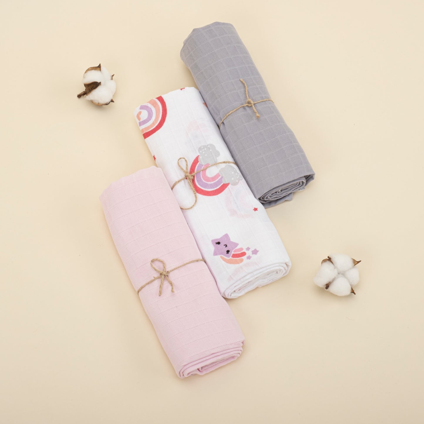 3lü Set - Müslin Örtü - Bebe Pembe / Pembe Gökkuşağı / Gri