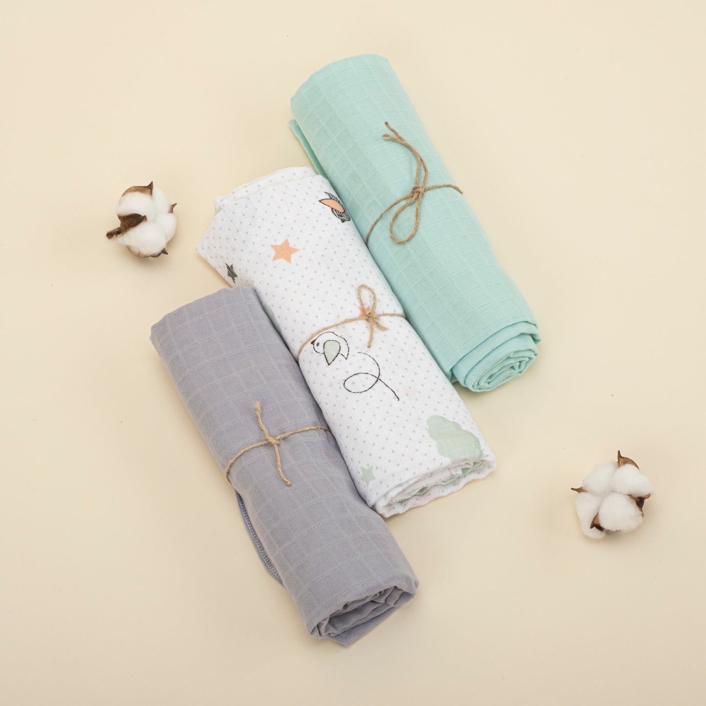3lü Set - Müslin Örtü - Gri / Kuşlar / Yeşil