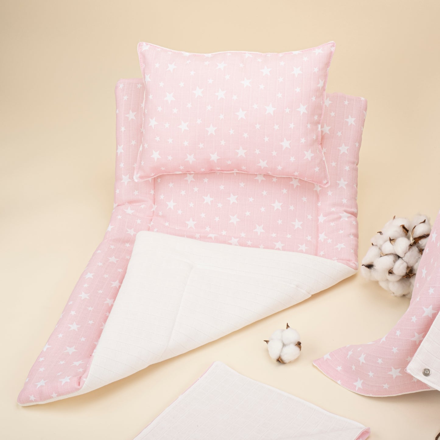11 Parça Avantajlı Set - Çift Taraflı - Beyaz Muslin - Pembe Minik Yıldızlar