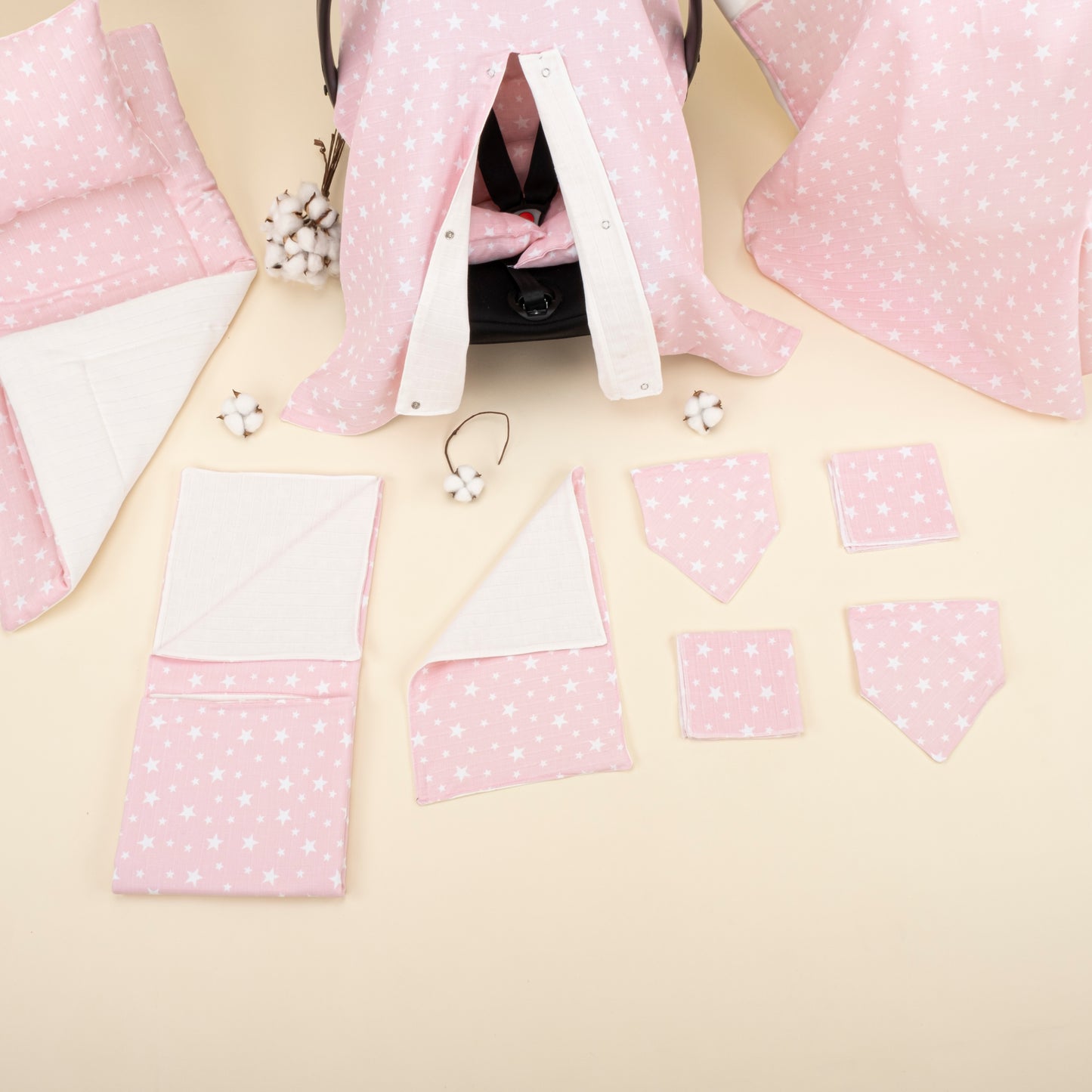 11 Parça Avantajlı Set - Çift Taraflı - Beyaz Muslin - Pembe Minik Yıldızlar