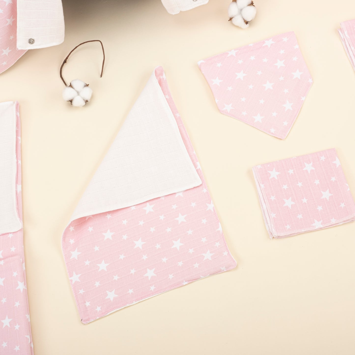 11 Parça Avantajlı Set - Çift Taraflı - Beyaz Muslin - Pembe Minik Yıldızlar