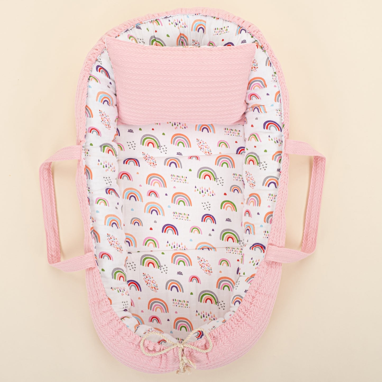 Babynest ve Yastık - Çift Taraflı - Pembe Örgü - Pembe Minik Gökkuşağı