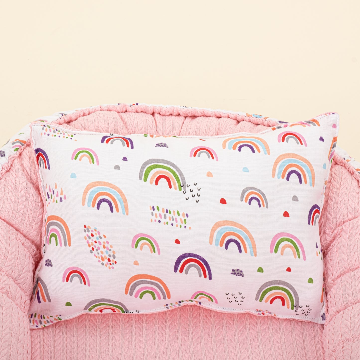 Babynest ve Yastık - Çift Taraflı - Pembe Örgü - Pembe Minik Gökkuşağı