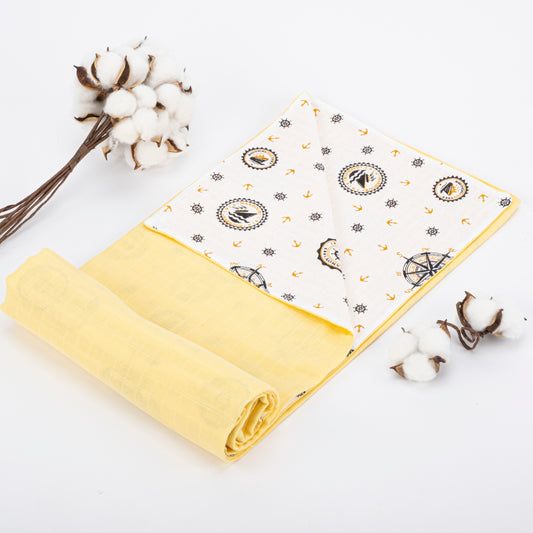 Çift Taraflı Muslin Örtü - Sarı Muslin - Sarı Gemili