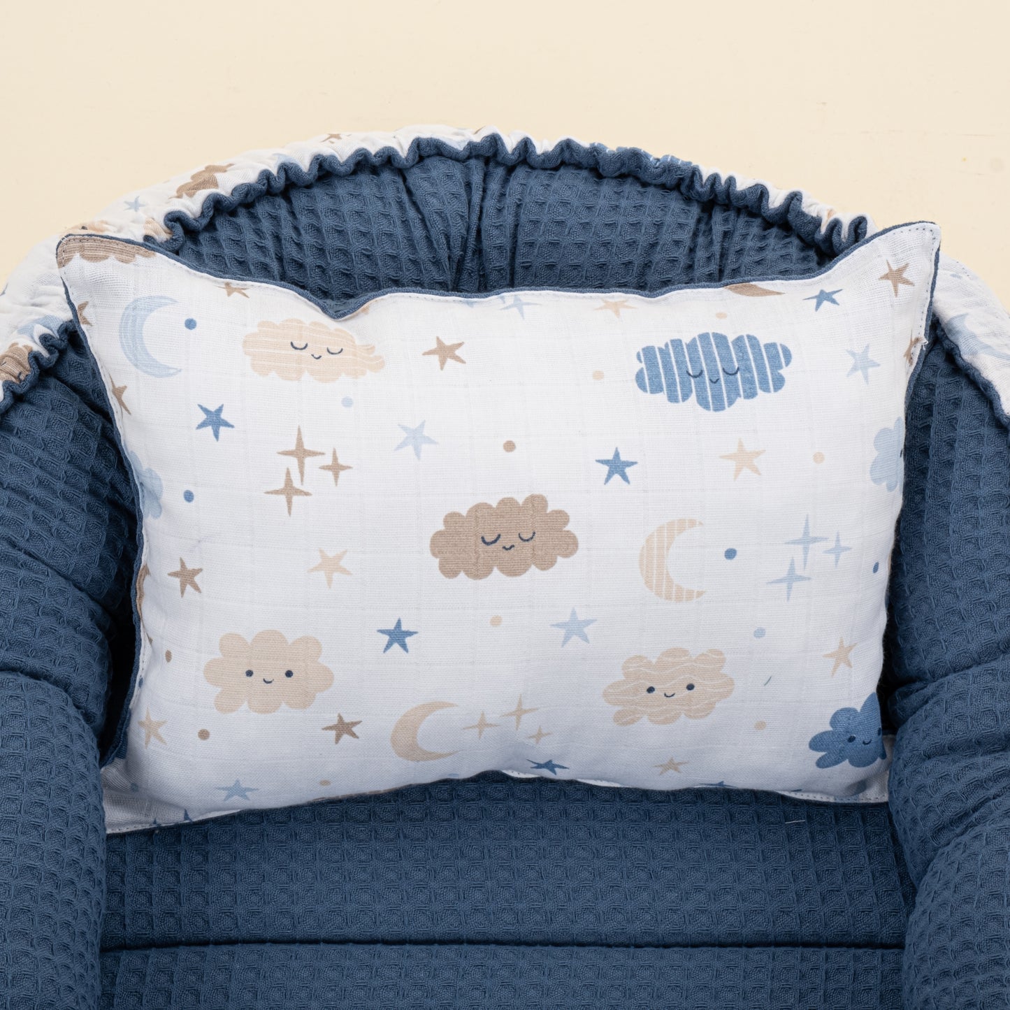 Babynest ve Yastık - Çift Taraflı - Koyu İndigo Petek - Mavi Bulut