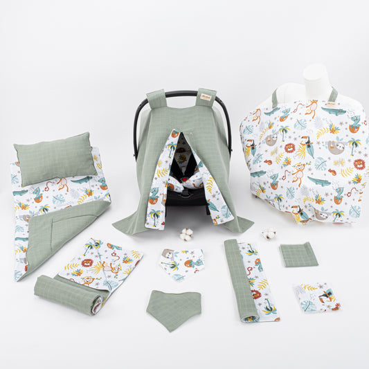 11 Parça Avantajlı Set - Çift Taraflı - Haki Muslin - Hayvanat Bahçesi