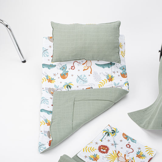 11 Parça Avantajlı Set - Çift Taraflı - Haki Muslin - Hayvanat Bahçesi