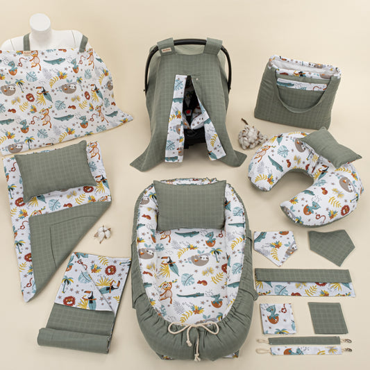 18 Parça Full Set - Çift Taraflı - Haki Muslin - Hayvanat Bahçesi