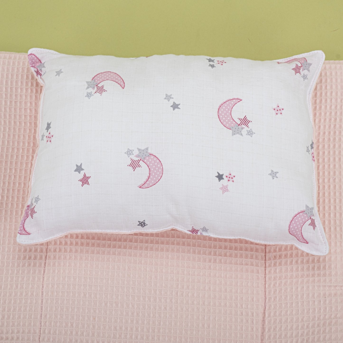 Alt Açma Matı ve Yastık - Çift Taraflı - Bebe Pembe Petek - Pembe Ay