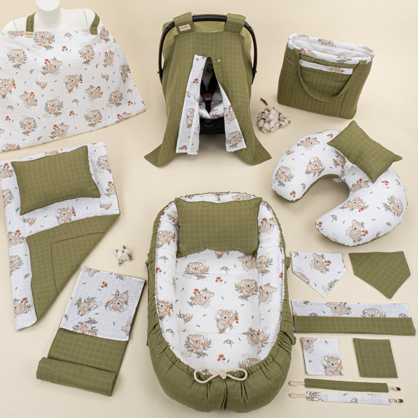 18 Parça Full Set - Çift Taraflı - Koyu Fıstık Yeşili Müslin - Koala