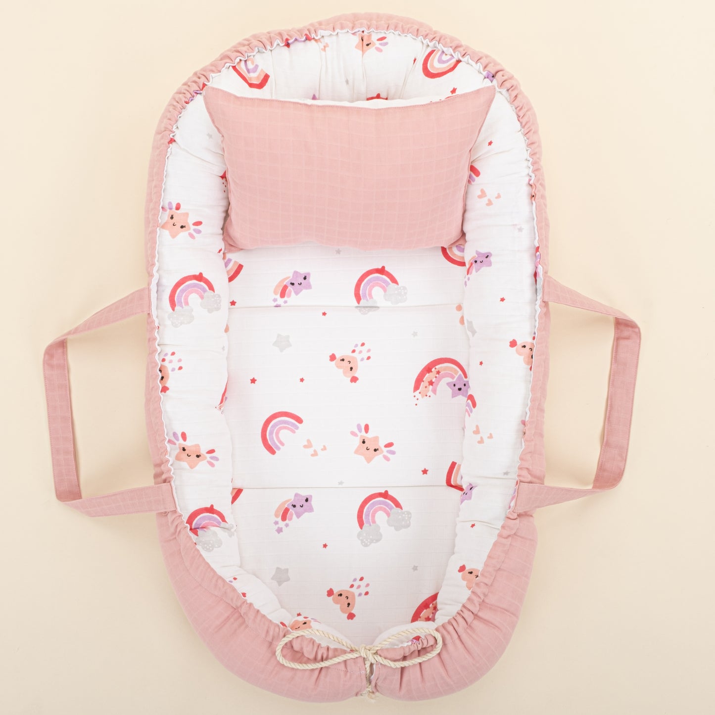 Babynest ve Yastık - Çift Taraflı - Pudra Muslin - Pembe Gökkuşağı