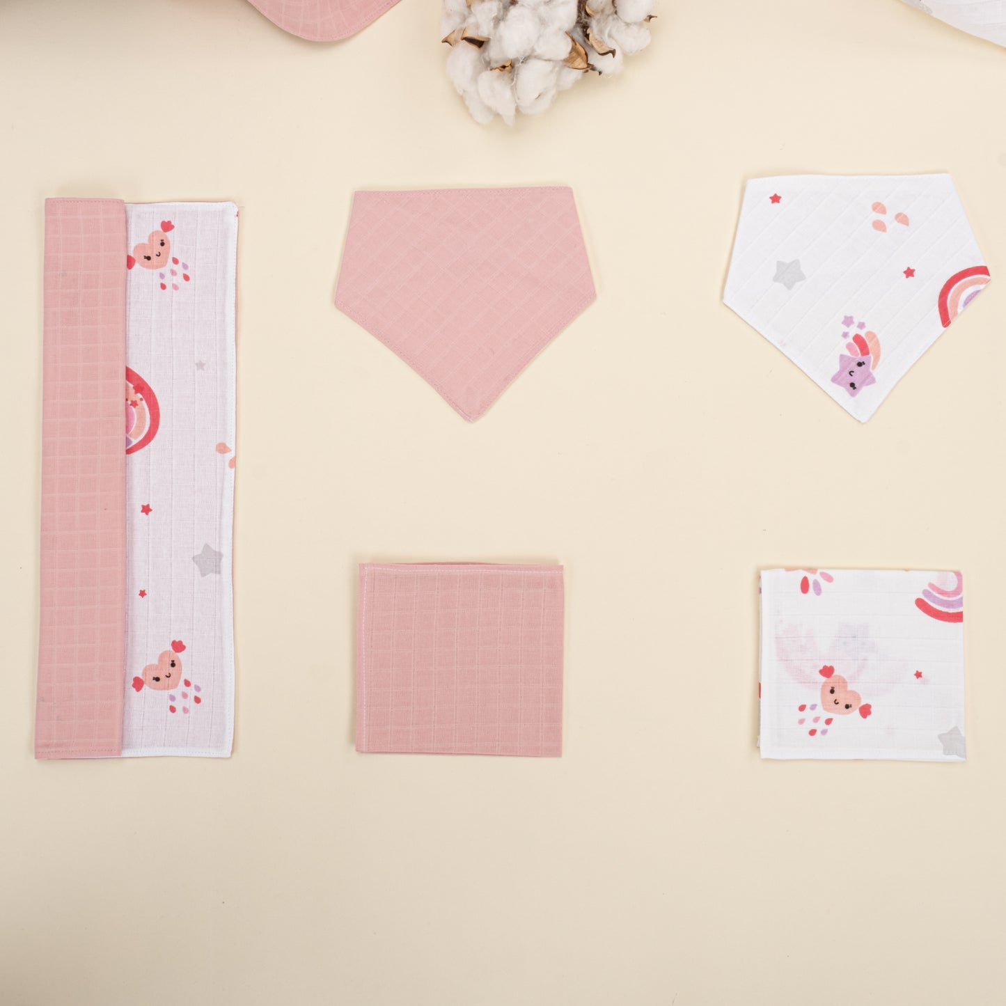 11 Parça Avantajlı Set - Çift Taraflı - Pudra Muslin - Pembe Gökkuşağı