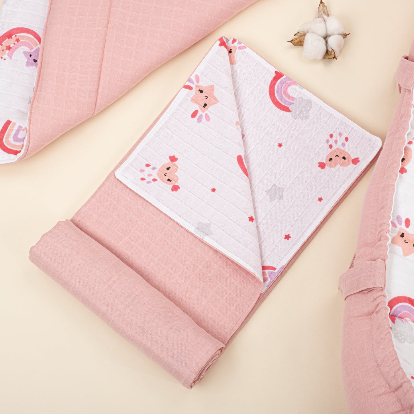 18 Parça Full Set - Çift Taraflı - Pudra Muslin - Pembe Gökkuşağı