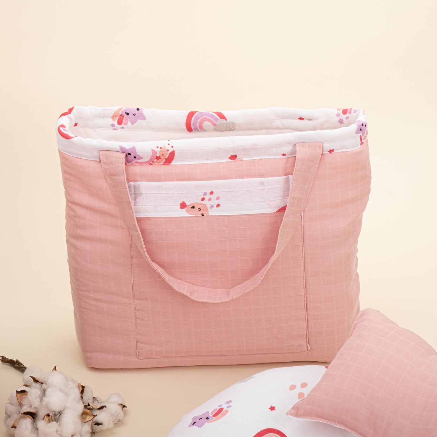 18 Parça Full Set - Çift Taraflı - Pudra Muslin - Pembe Gökkuşağı