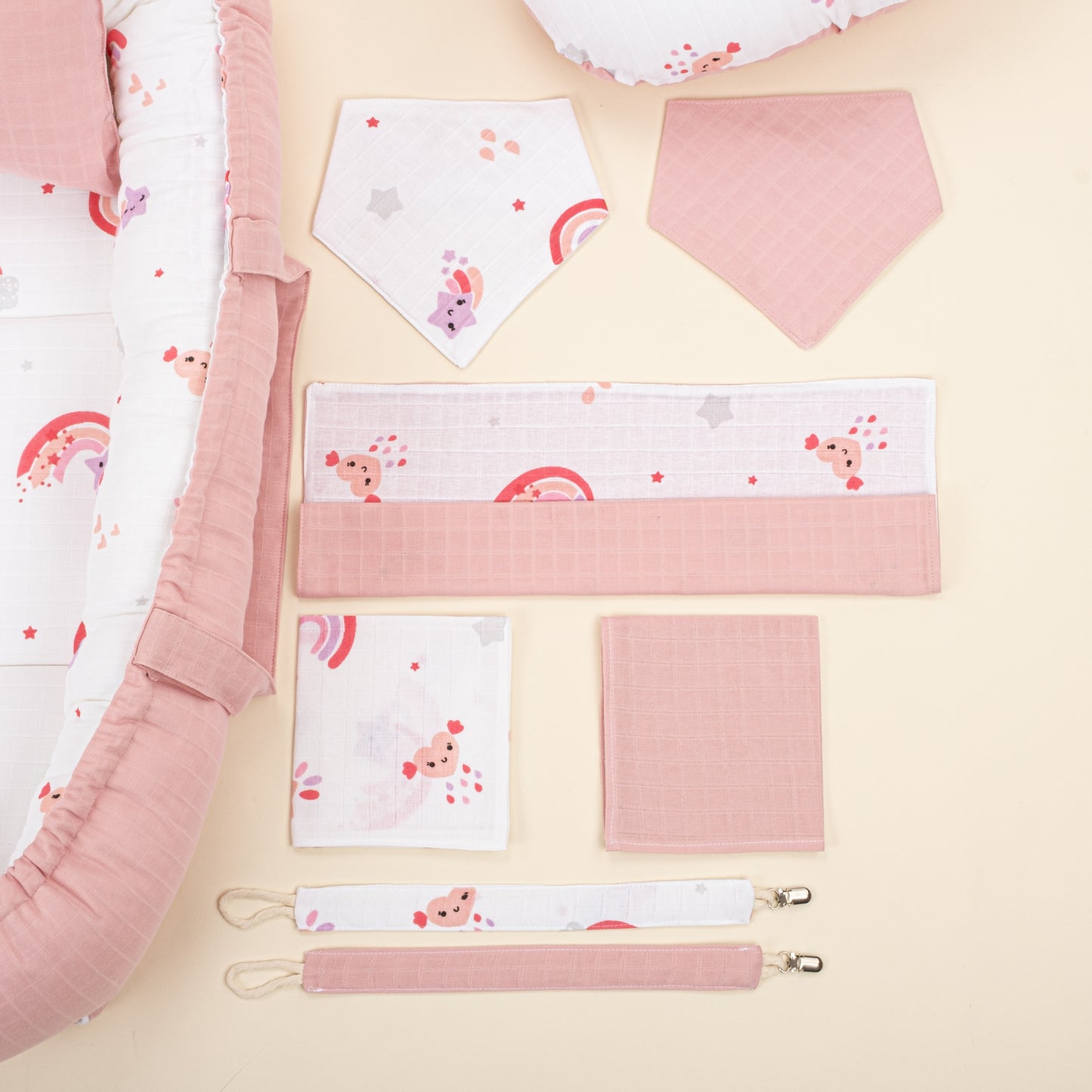 18 Parça Full Set - Çift Taraflı - Pudra Muslin - Pembe Gökkuşağı