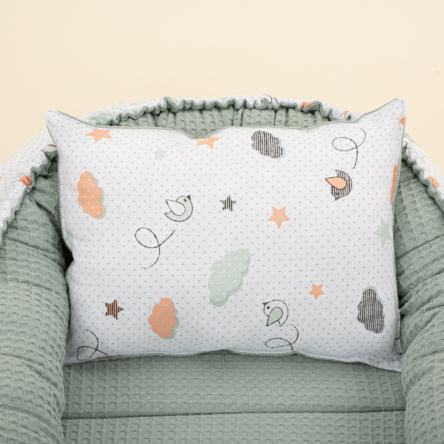Babynest ve Yastık - Çift Taraflı - Yeşil Petek - Kuş