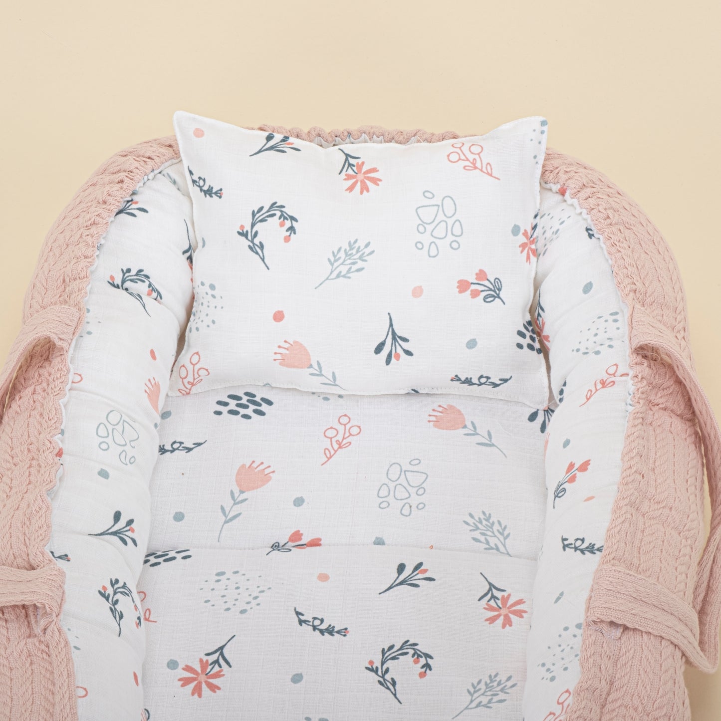 Babynest - Çift Taraflı - Pudra Örgü - Yeşil Çiçekler