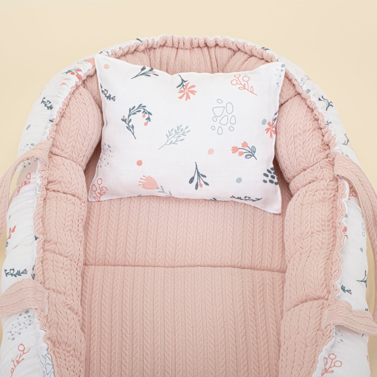 Babynest - Çift Taraflı - Pudra Örgü - Yeşil Çiçekler