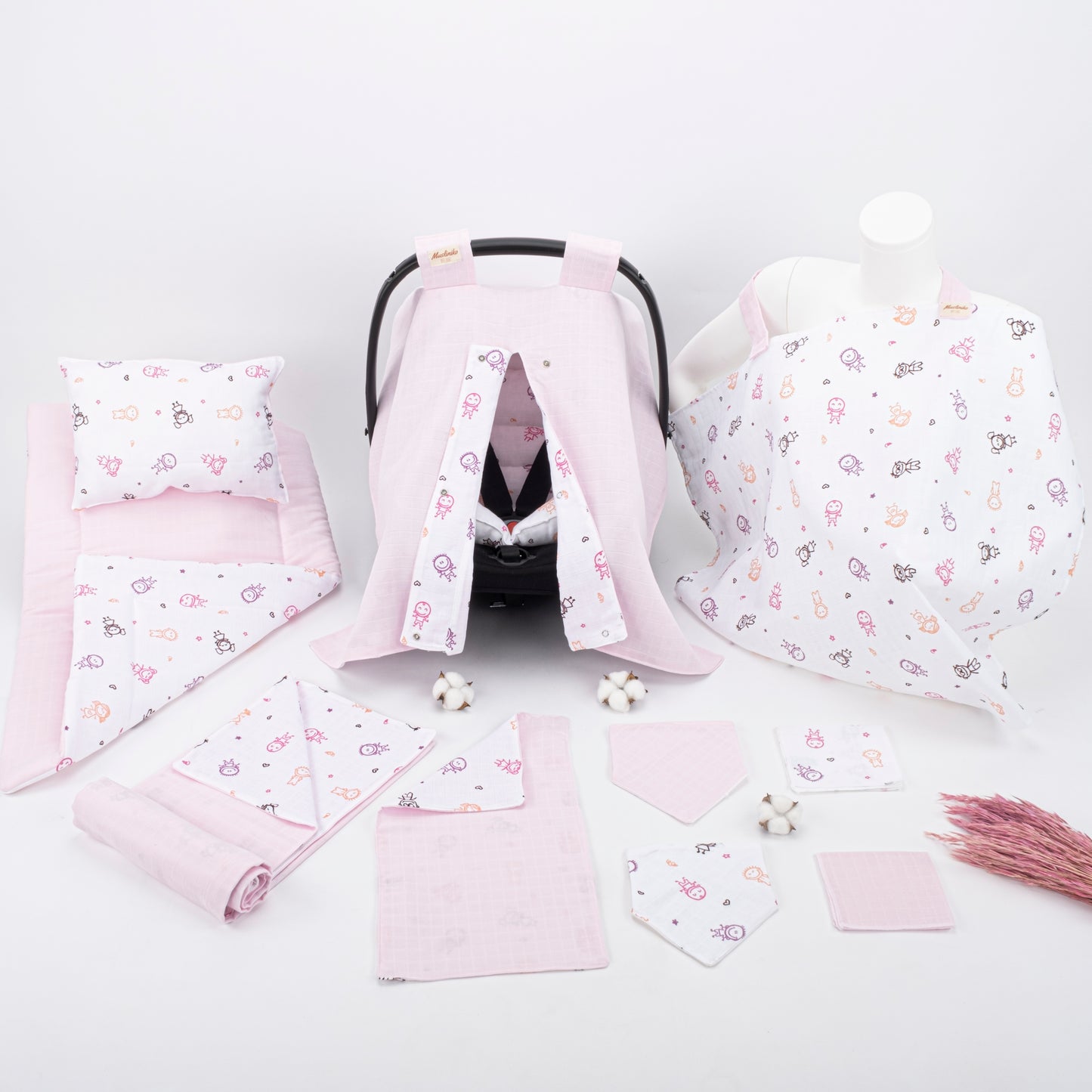 11 Parça Avantajlı Set - Çift Taraflı - Şeker Pembe Muslin - Pembe Çubuk Bebekler