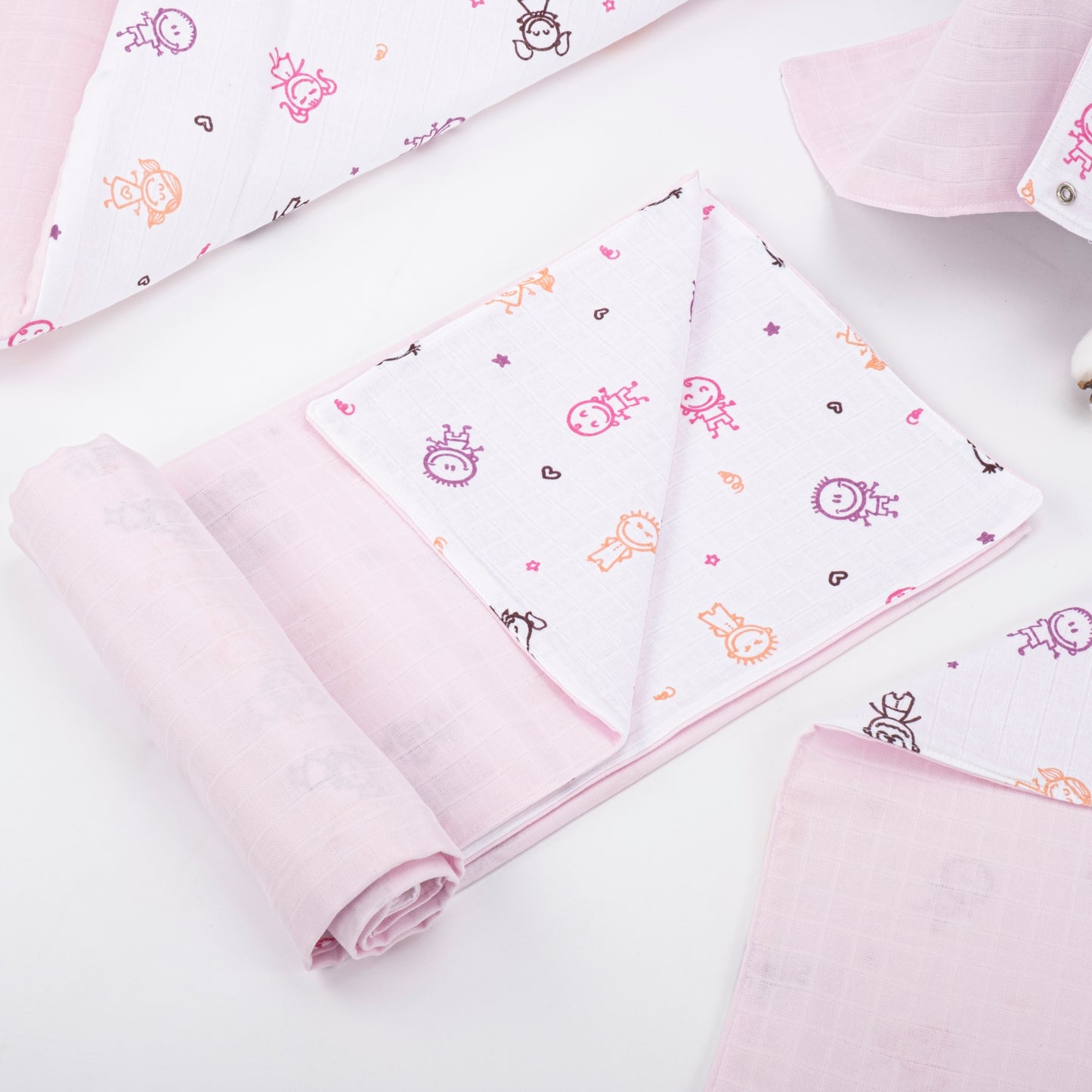 11 Parça Avantajlı Set - Çift Taraflı - Şeker Pembe Muslin - Pembe Çubuk Bebekler