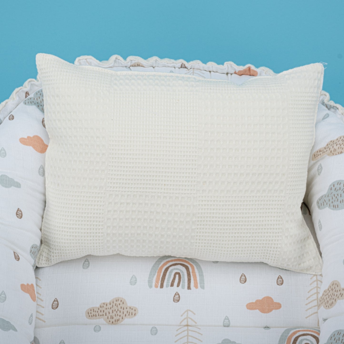 Babynest ve Yastık - Çift Taraflı - Krem Waffle - Yeşil Gökkuşağı