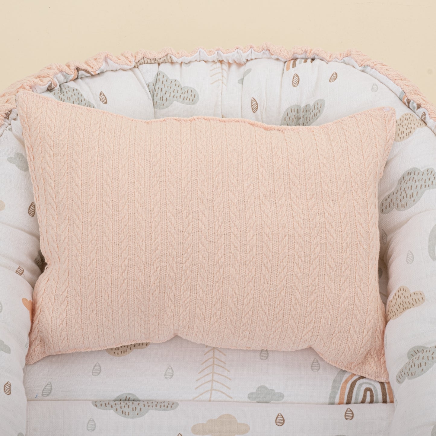 Babynest ve Yastık - Çift Taraflı - Somon Örgü - Yeşil Gökkuşağı