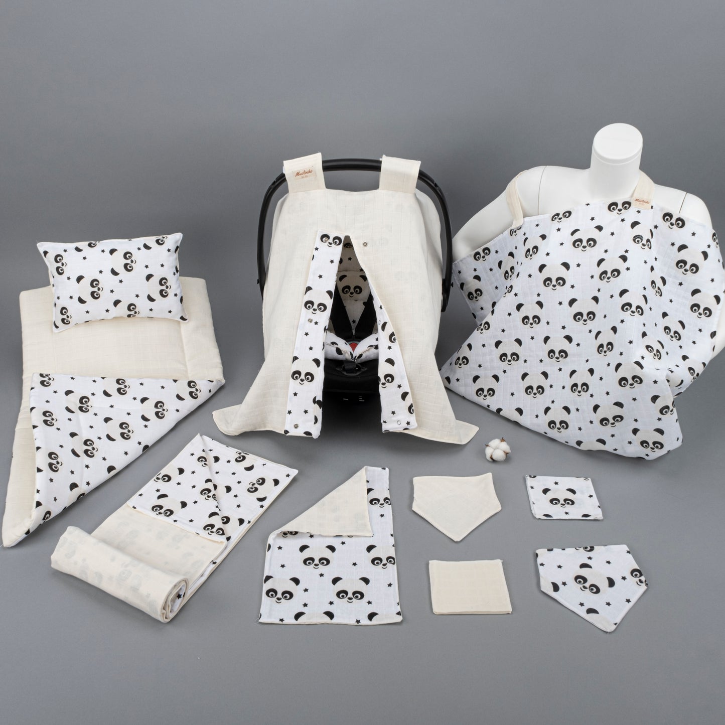 11 Parça Avantajlı Set - Çift Taraflı - Krem Muslin - Panda