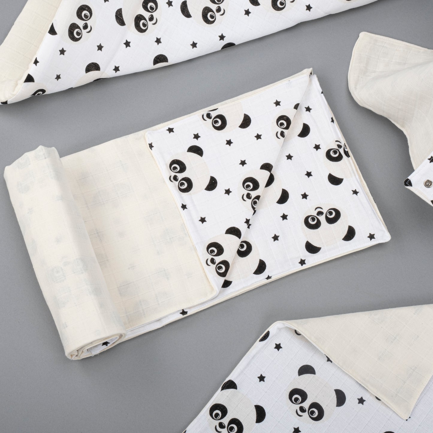 11 Parça Avantajlı Set - Çift Taraflı - Krem Muslin - Panda
