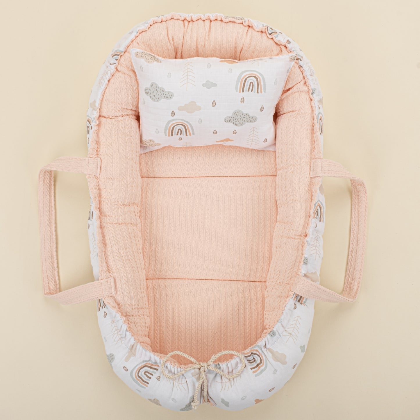 Babynest ve Yastık - Çift Taraflı - Somon Örgü - Yeşil Gökkuşağı