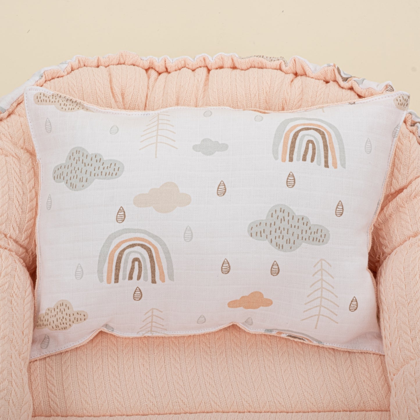 Babynest ve Yastık - Çift Taraflı - Somon Örgü - Yeşil Gökkuşağı