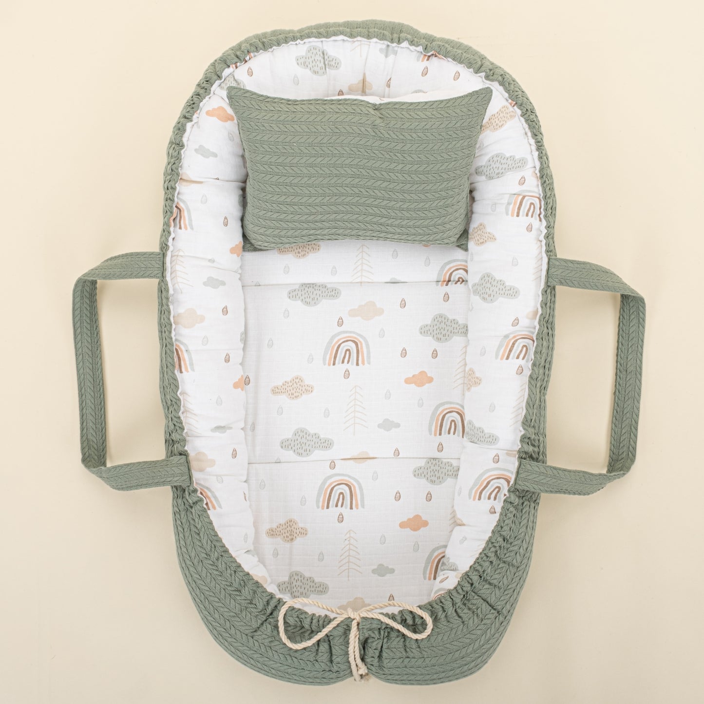 Babynest ve Yastık - Çift Taraflı - Koyu Yeşil Örgü - Yeşil Gökkuşağı