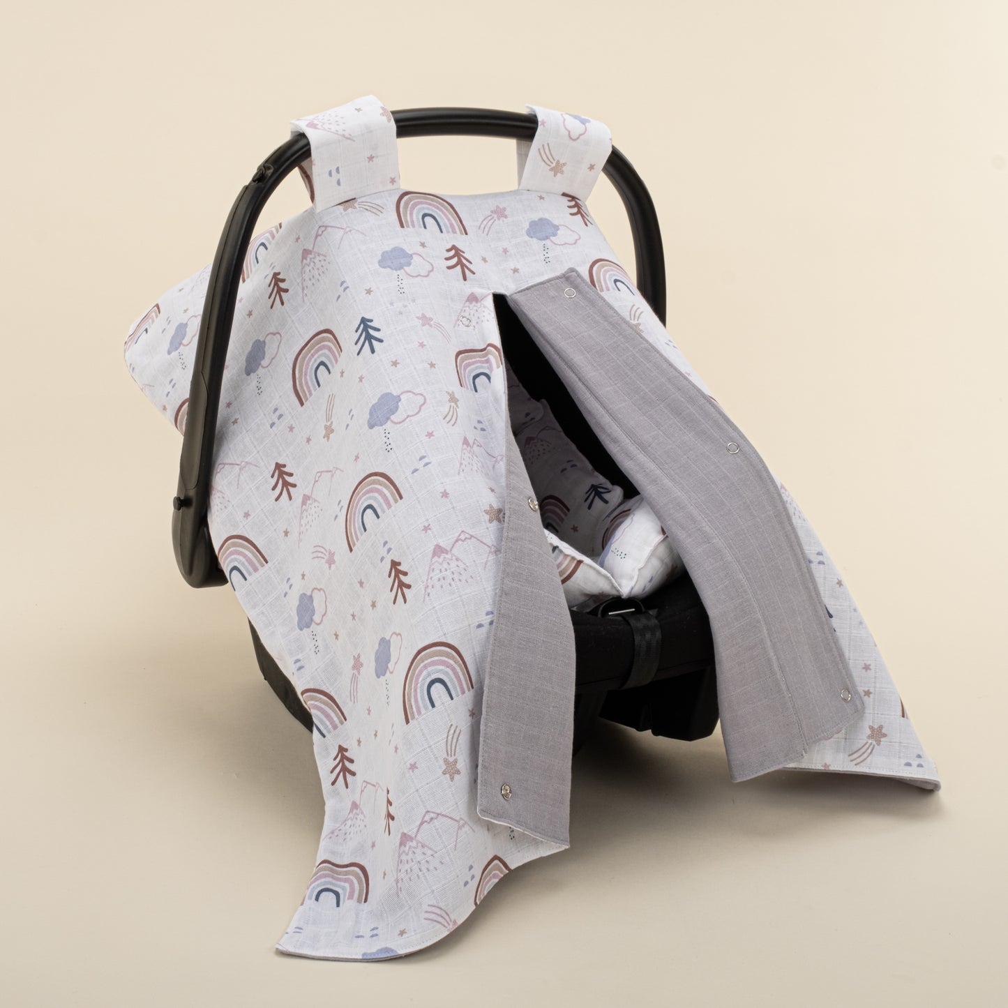 Puset Seti - Çift Taraflı - Gri Muslin - Pastel Gökkuşağı