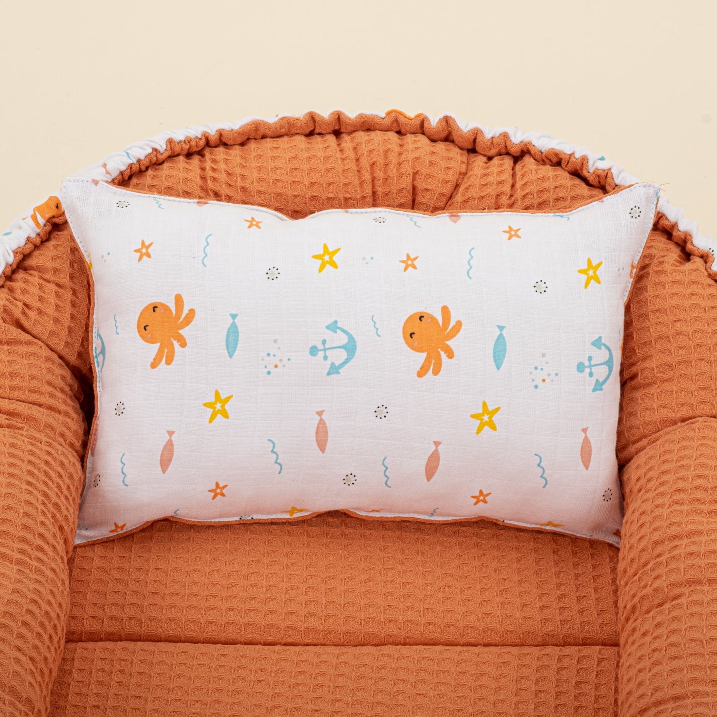 Babynest ve Yastık - Çift Taraflı - Turuncu Petek - Ahtapot