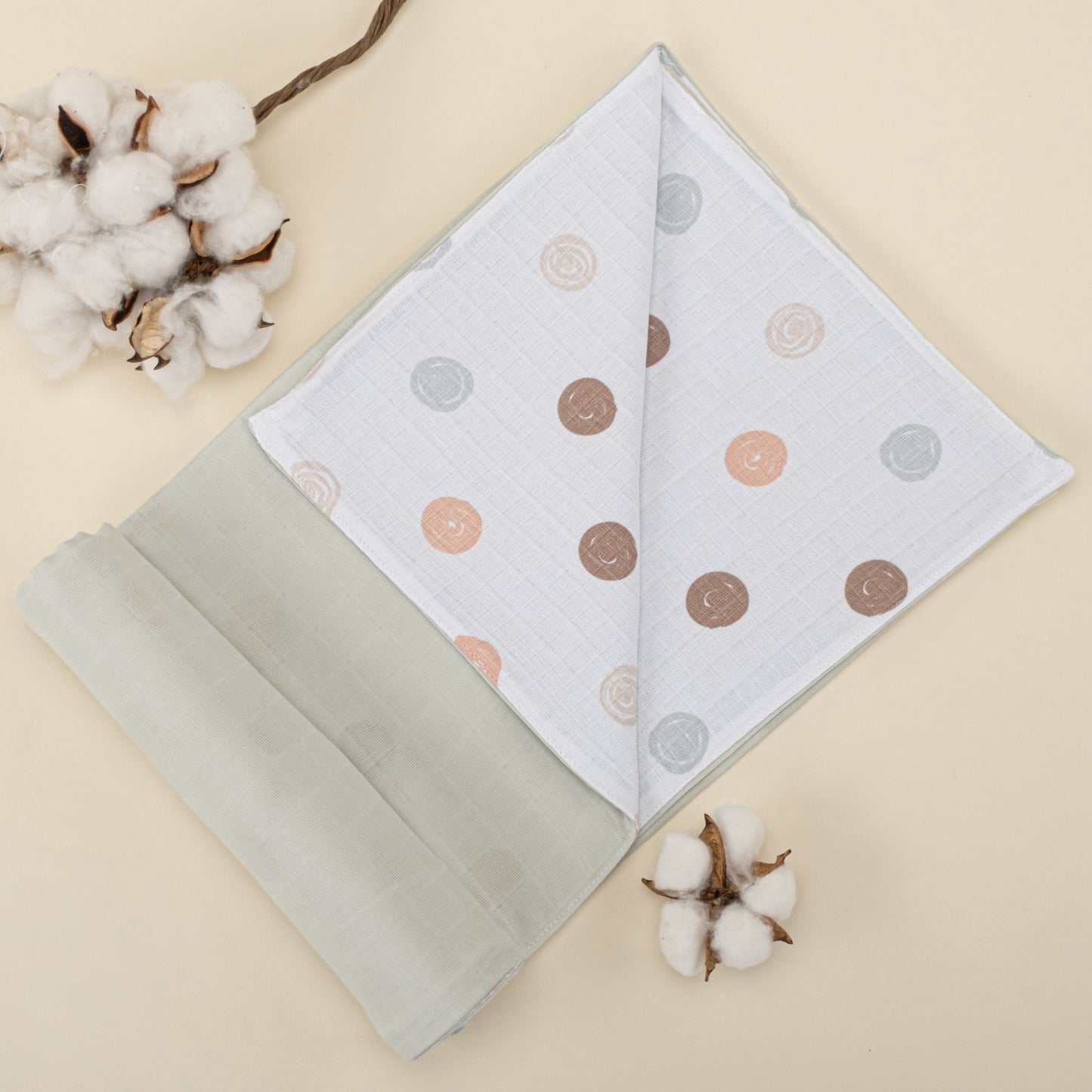 Çift Taraflı Muslin Örtü - Mint Muslin - Puantiye