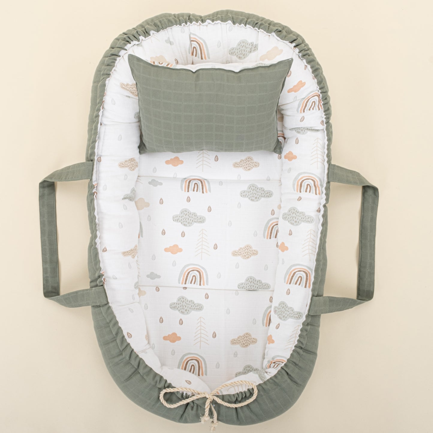 Babynest ve Yastık - Çift Taraflı - Haki Muslin - Yeşil Gökkuşağı