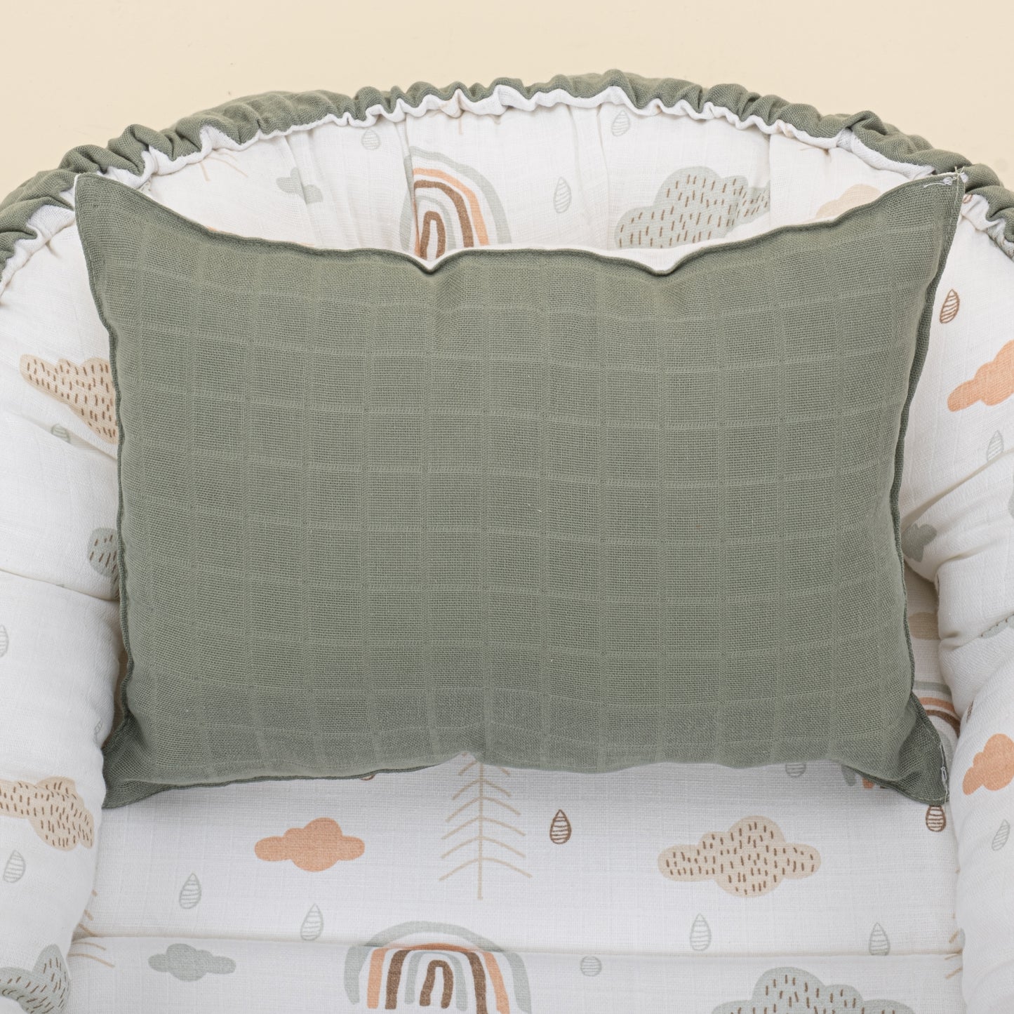 Babynest ve Yastık - Çift Taraflı - Haki Muslin - Yeşil Gökkuşağı