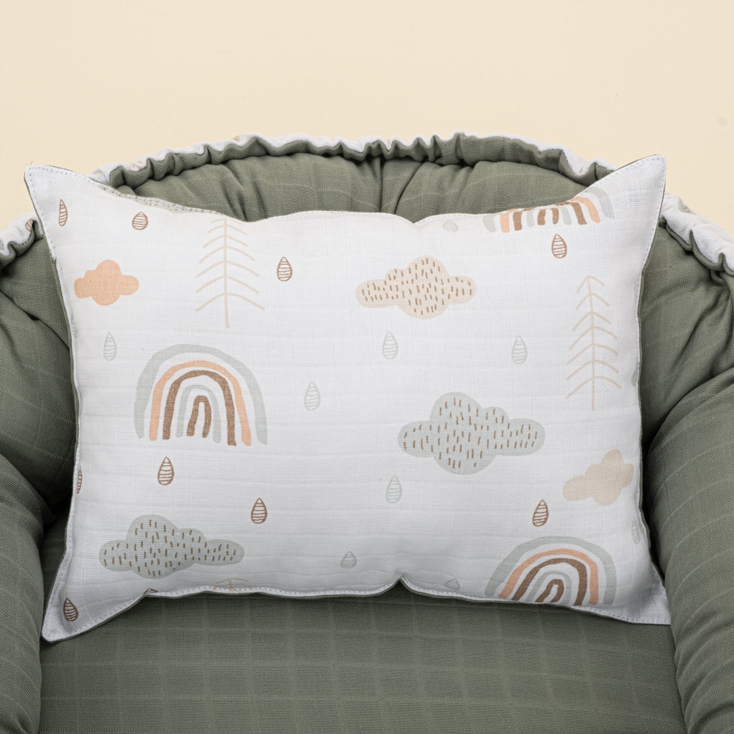 Babynest ve Yastık - Çift Taraflı - Haki Muslin - Yeşil Gökkuşağı