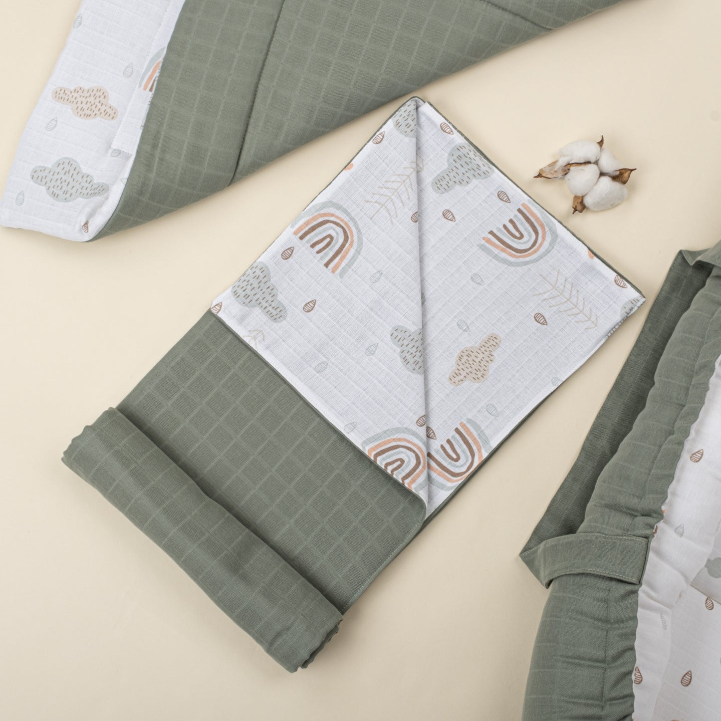 18 Parça Full Set - Çift Taraflı - Haki Muslin - Yeşil Gökkuşağı