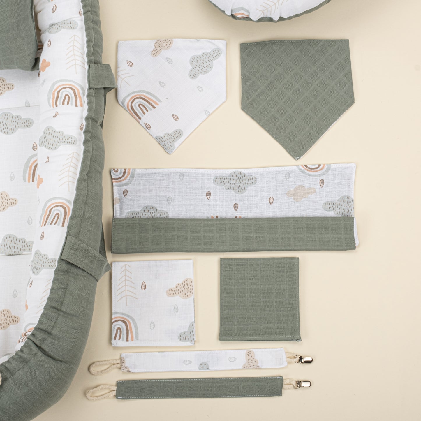 18 Parça Full Set - Çift Taraflı - Haki Muslin - Yeşil Gökkuşağı