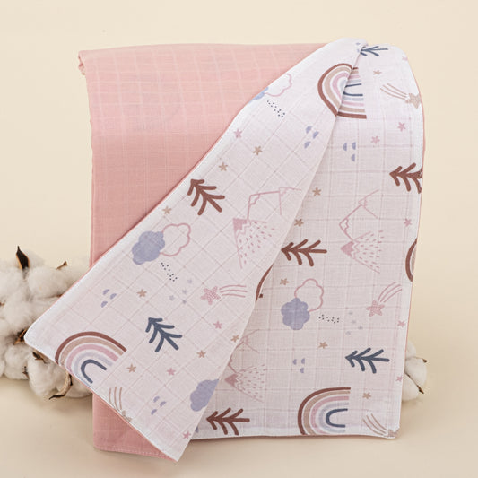 Çift Taraflı Muslin Örtü - Pudra Muslin - Pastel Gökkuşağı