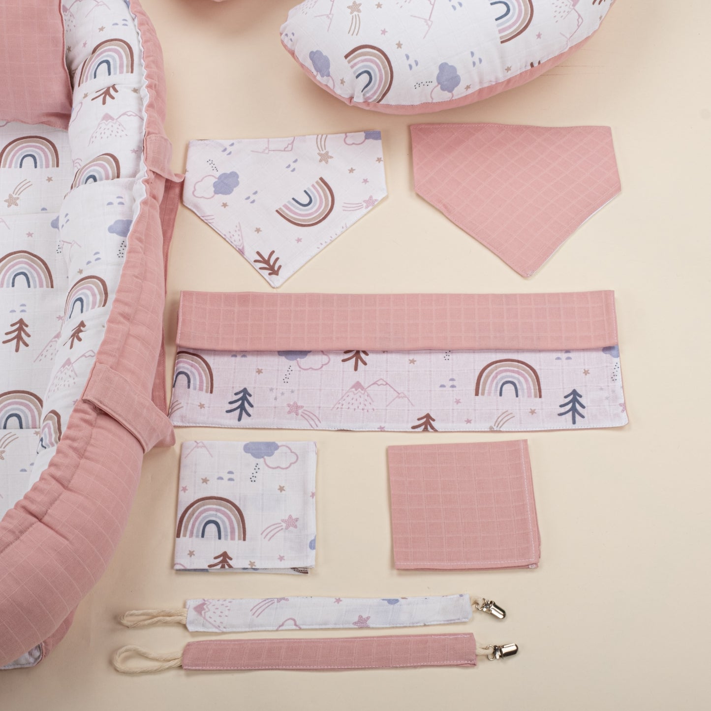 18 Parça Full Set - Çift Taraflı - Pudra Muslin - Pastel Gökkuşağı