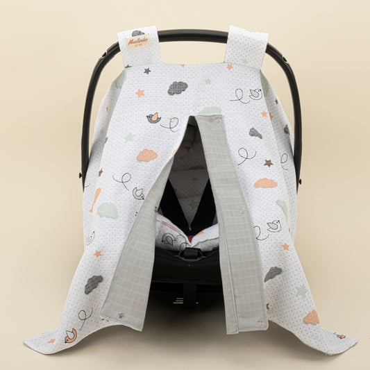 Puset Seti - Çift Taraflı - Açık Gri Muslin - Kuş