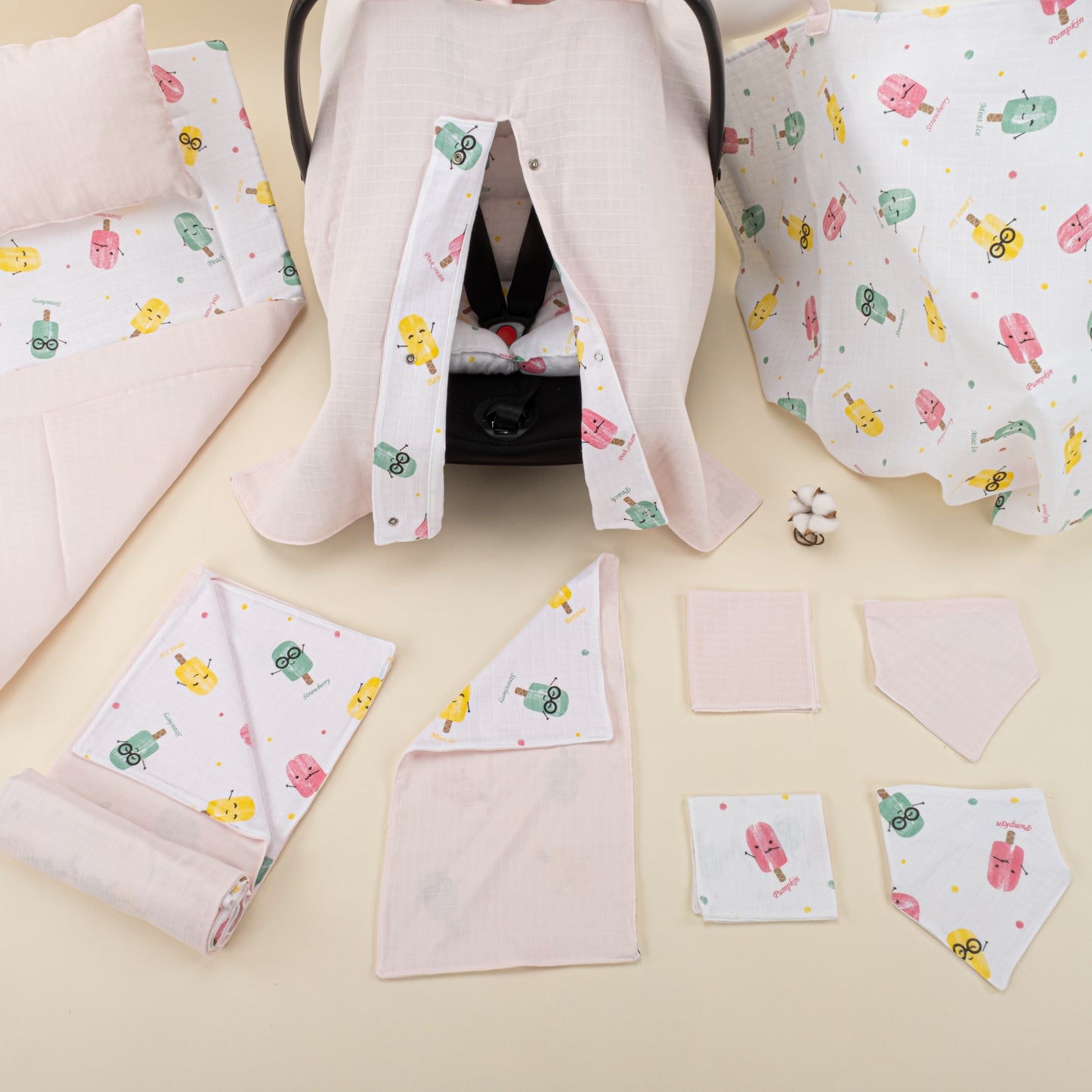 11 Parça Avantajlı Set - Çift Taraflı - Bebe Pembe Muslin - Dondurma