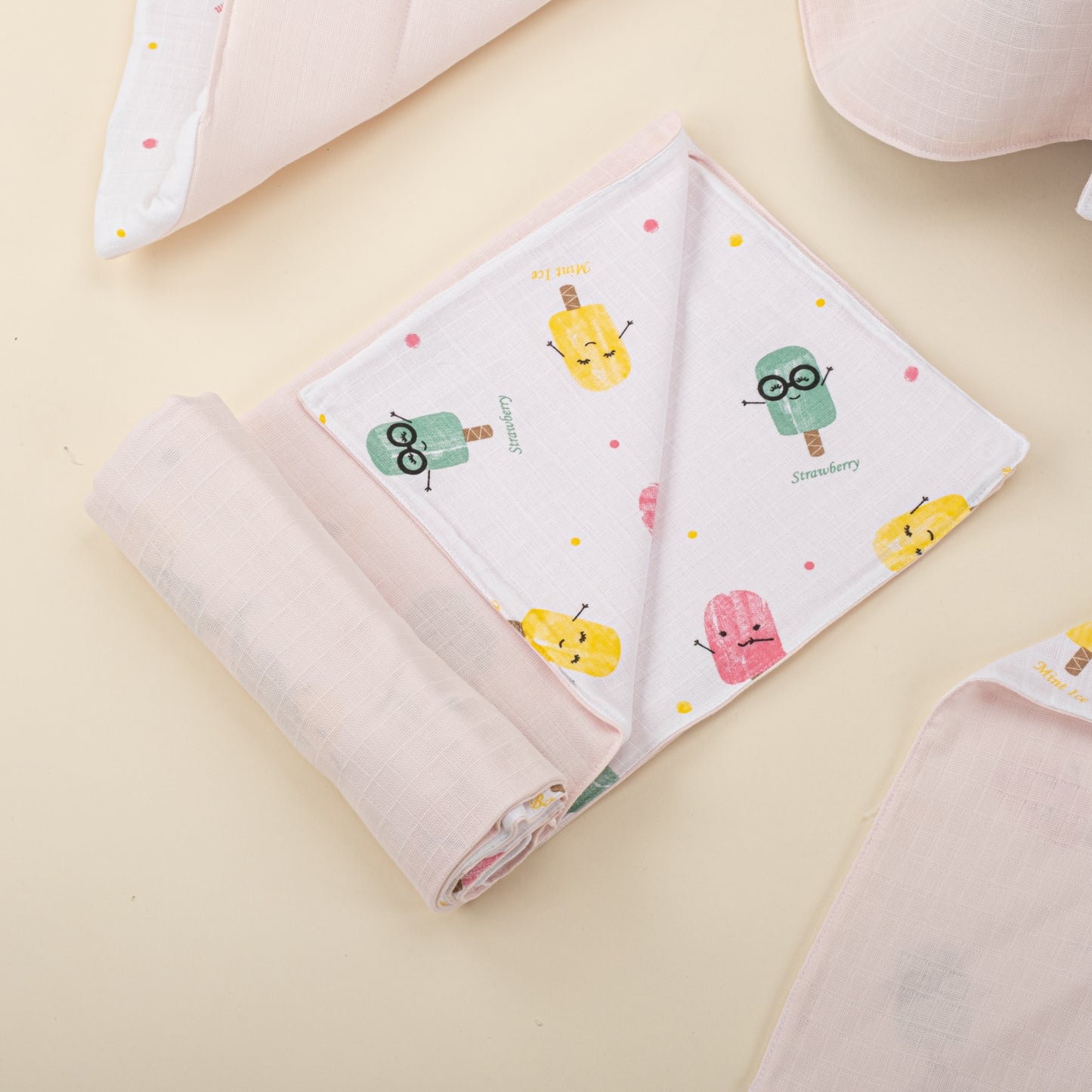 11 Parça Avantajlı Set - Çift Taraflı - Bebe Pembe Muslin - Dondurma