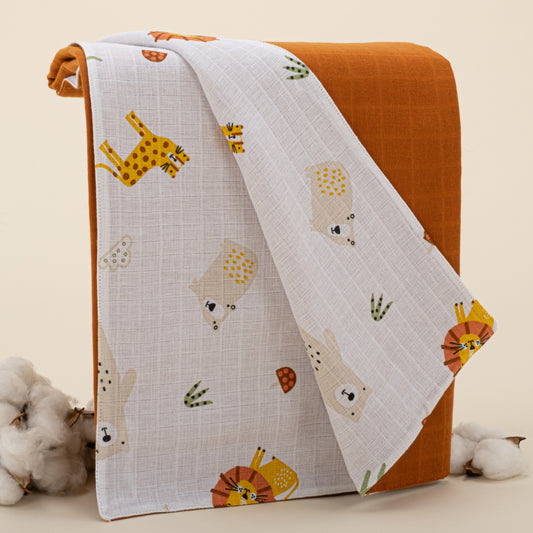 Çift Taraflı Muslin Örtü - Kiremit Muslin - Aslan